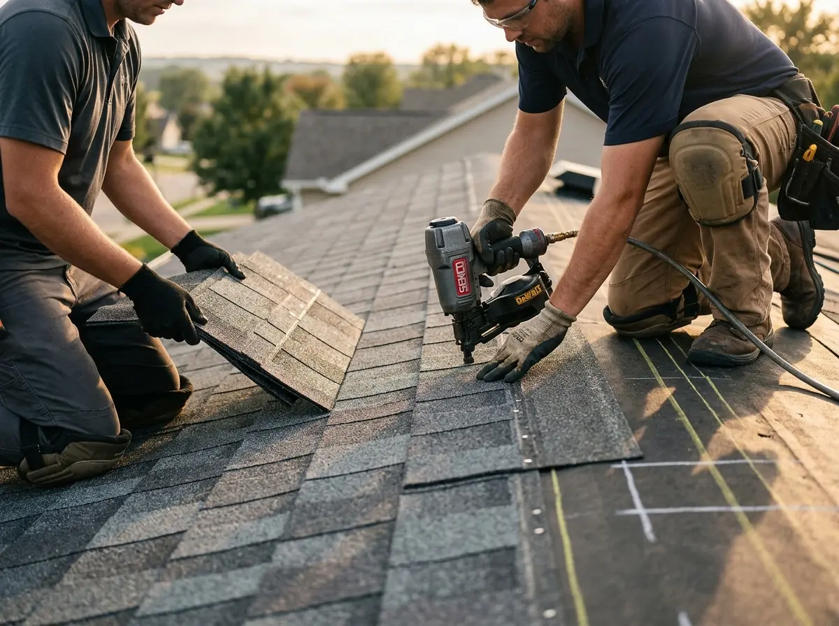 Professional roofer working on a residential roof in Westchester